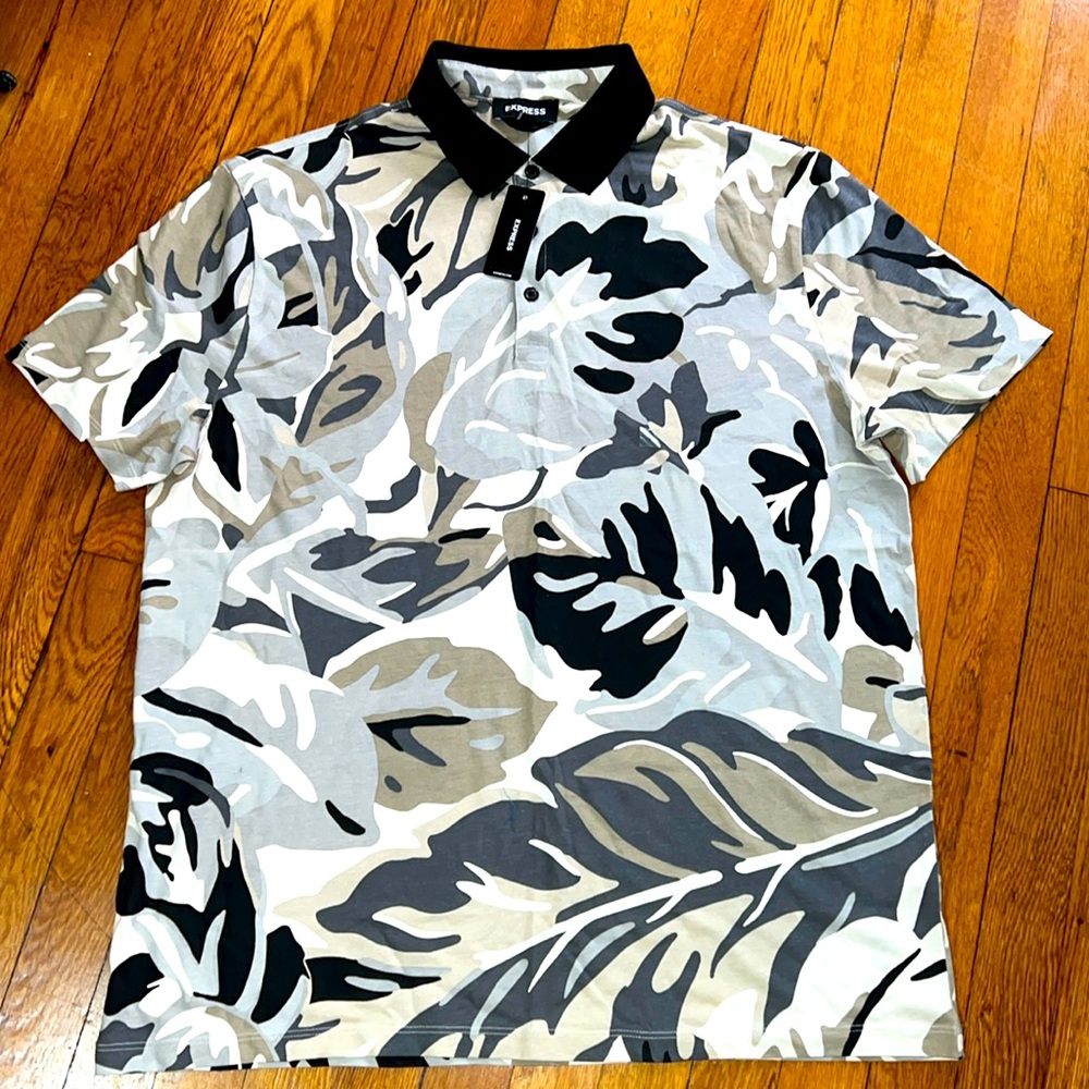 EXPRESS Abstract Leaf Print Cotton-Blend Polo